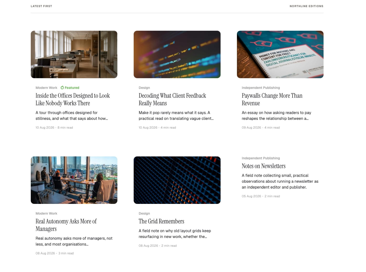 Northline Classic article feed with balanced three-column cards and consistent landscape images.