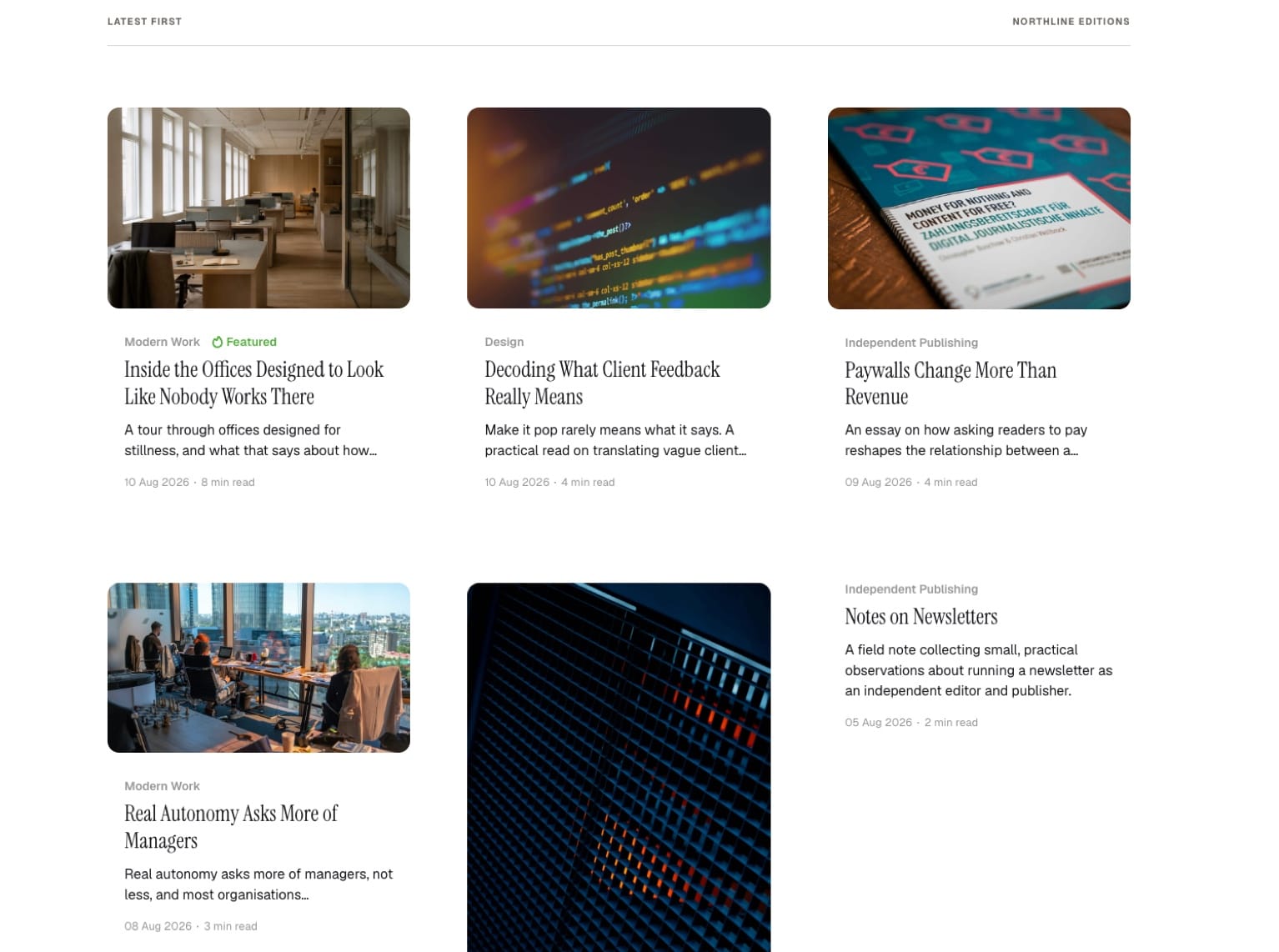 Northline Grid article feed with varied image proportions and an editorial masonry-style rhythm.