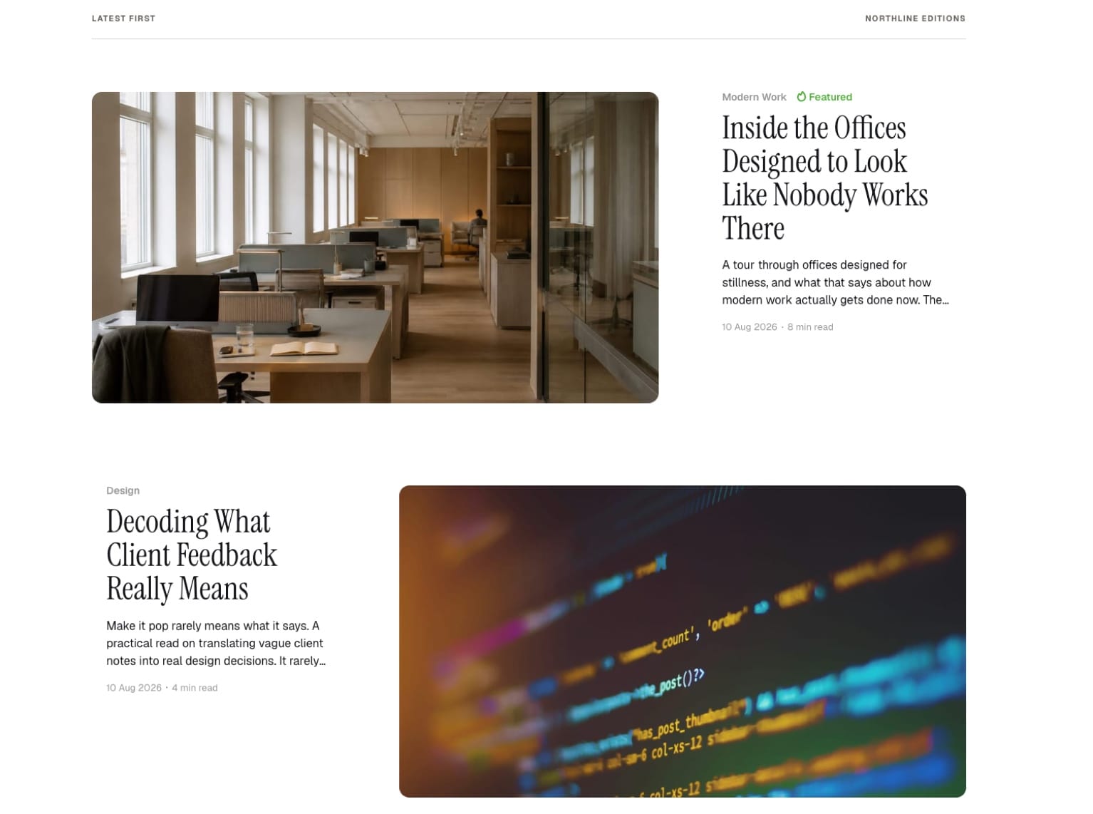 Northline List article feed with large alternating images and prominent story titles.