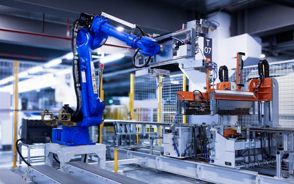 A blue industrial robot arm operating inside a factory.